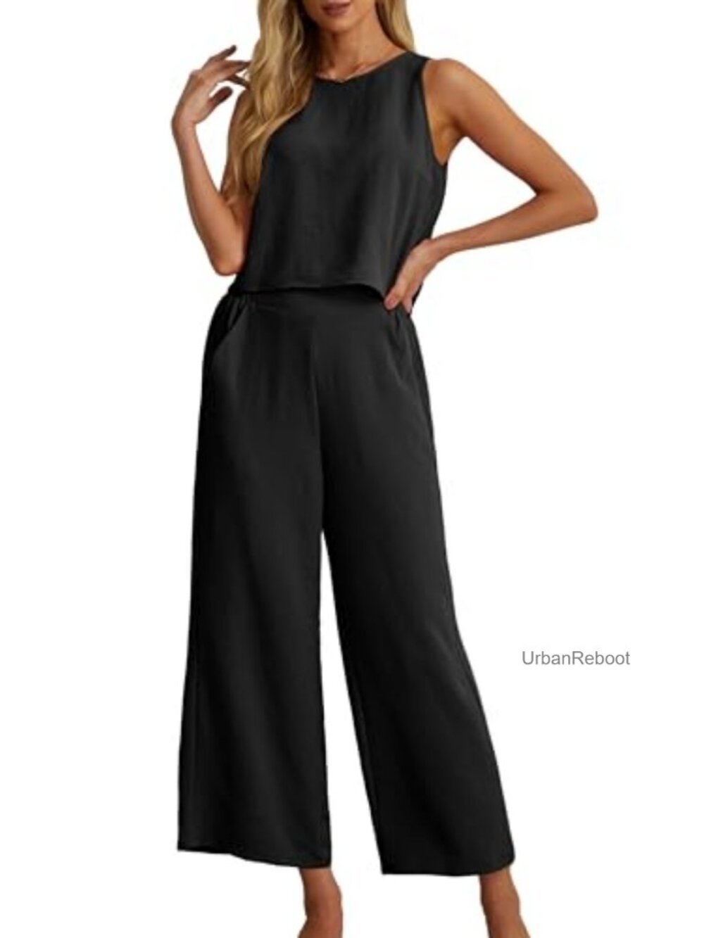 Women's 2-Piece Sleeveless Crop Top & Wide Leg Pants Lounge Set, Polyester,